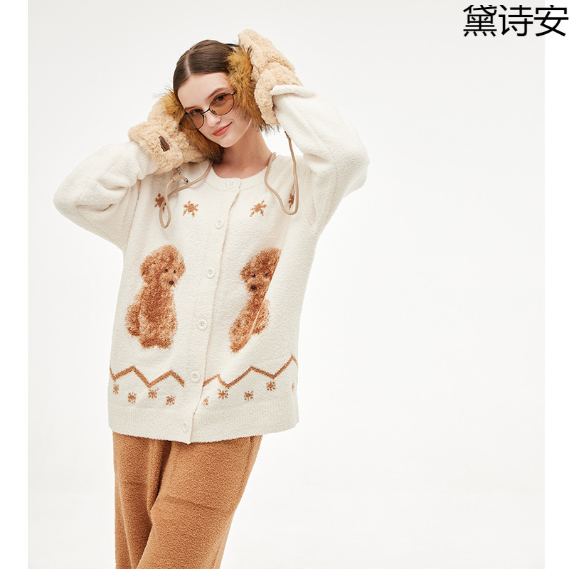Daishian Half-Velvet Pajamas for Women Autumn and Winter New Orange Cartoon Teddy Coral Velvet Thickeneded Warm Knitted Cardigan