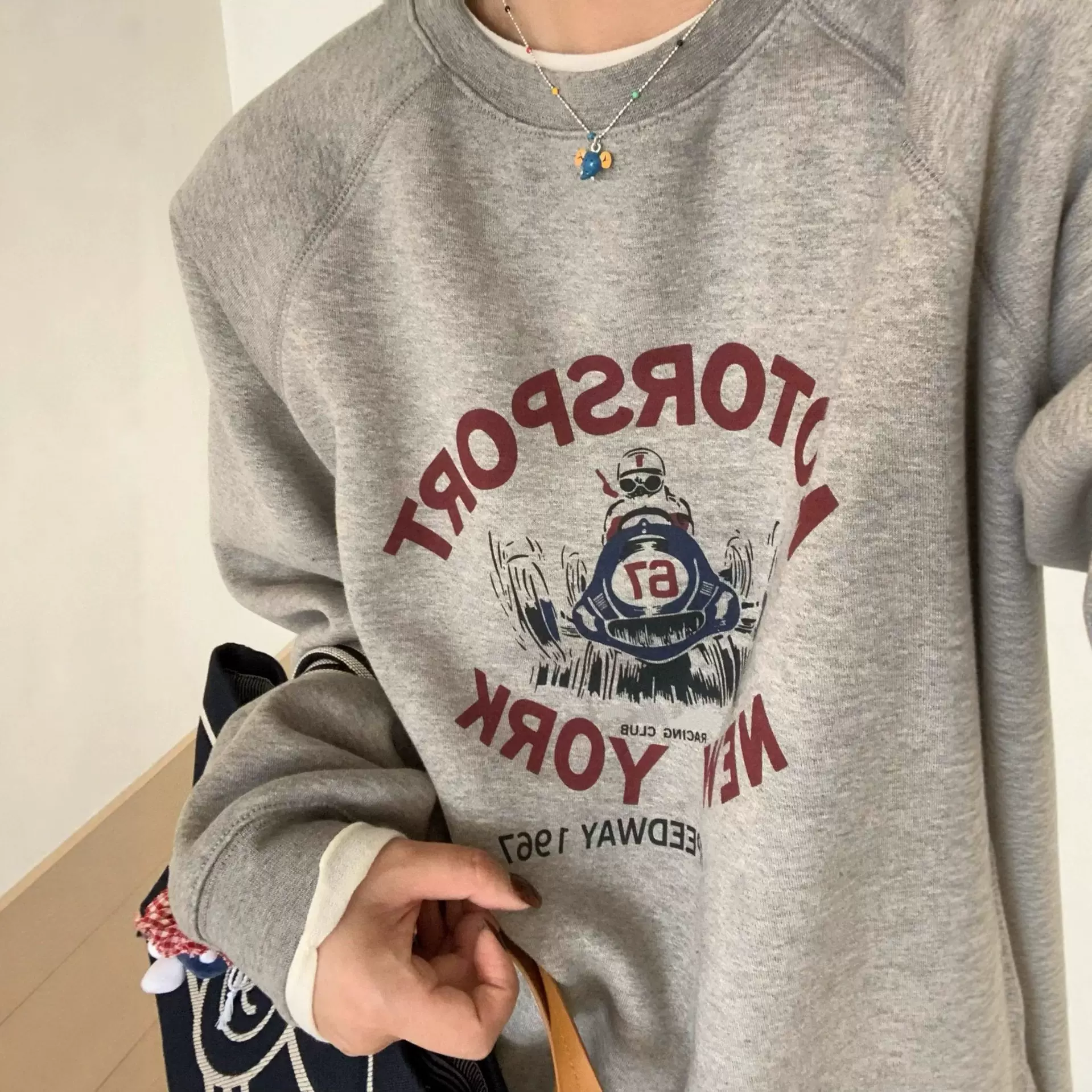 【现货】RL/拉夫 复古印花图案圆领卫衣女冬宽松休闲灰色百搭上衣