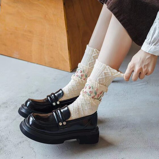 Easiest for Match Small Fresh Tulip Japanese Style Girl Pile Socks Autumn and Winter Cotton Mid-length Bird Beige Warm Socks