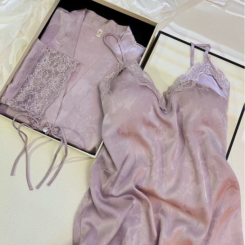 Chinese Style Nightgown Antique Elegant Sling Pajamas Women's Ice Silk Nightgown suit National Style Jacquard Home Clothes Mother's Clothes