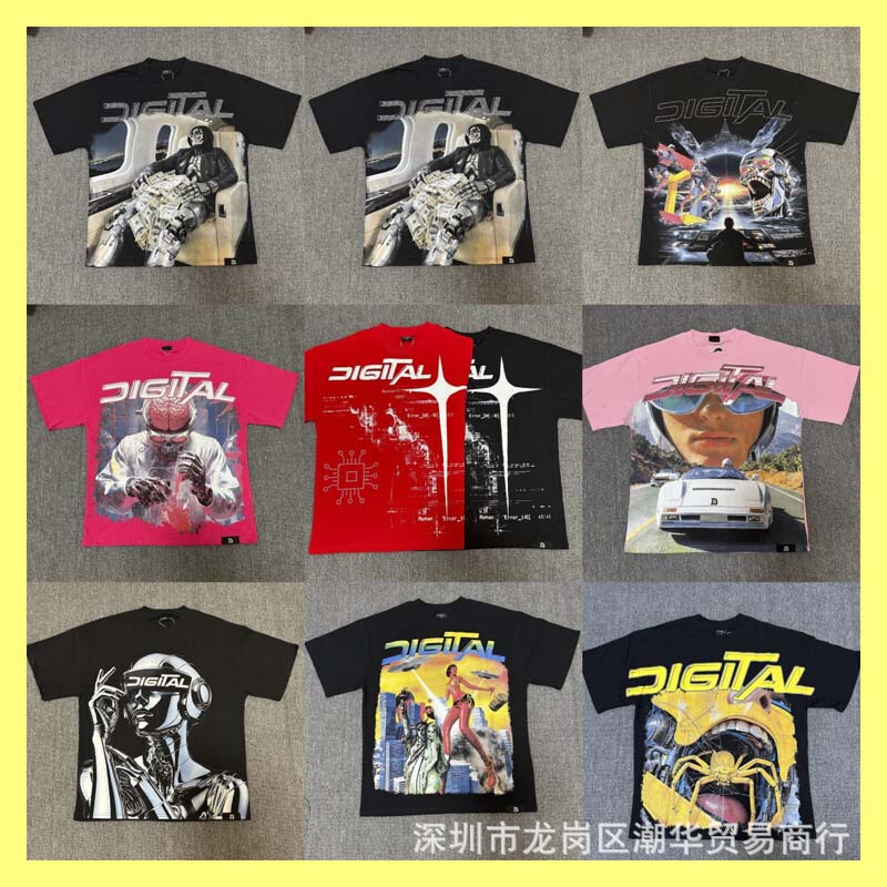DIGITAL street style retro rhinestone short-sleeve T-shirt for men and women, couple's letter print high street fashion brand distressed top DIGITAL street style retro rhinestone short-sleeve T-shirt for men and women, couple's letter print high street fashion brand distressed top