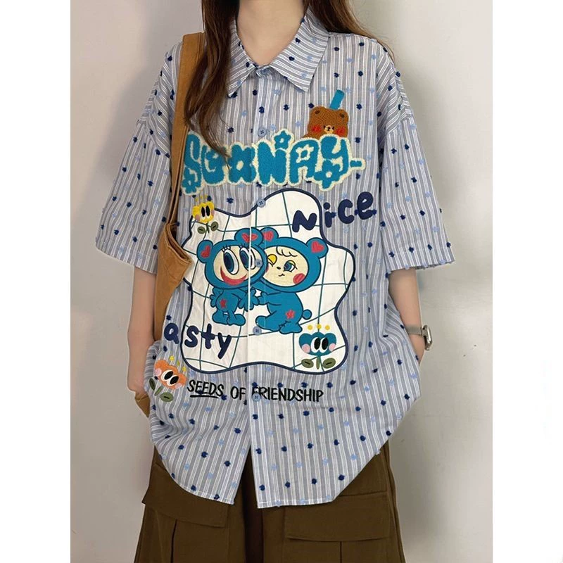 Очень большой размер 150kg Детская рубашка с короткими рукавами в меховой полоску с вышивкой для мужчин и женщин Свободный топ в студенческом стиле 2