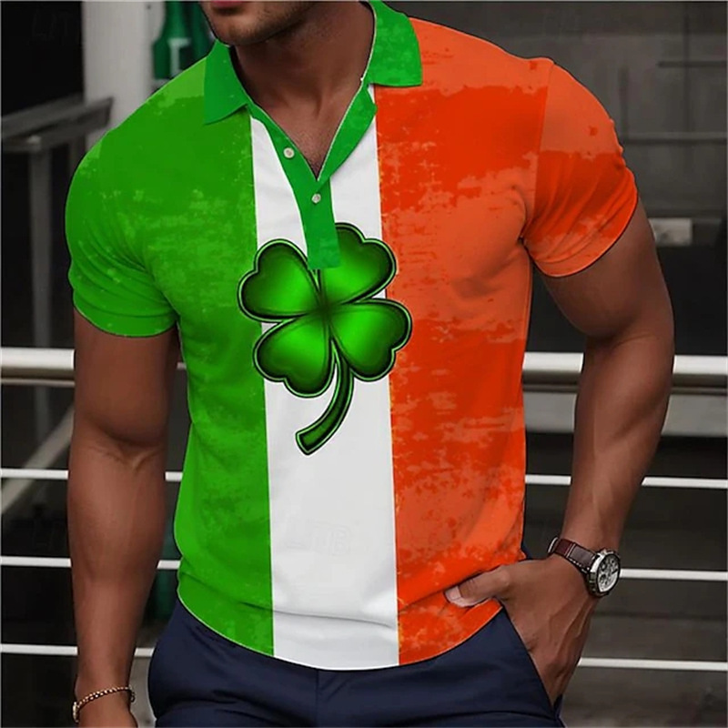 Clover Men's Casual 3D Digital Print Polo Shirt St. Patrick's Day Casual Polo Shirt Short Sleeve Clover Men's Casual 3D Digital Print Polo Shirt St. Patrick's Day Casual Polo Shirt Short Sleeve