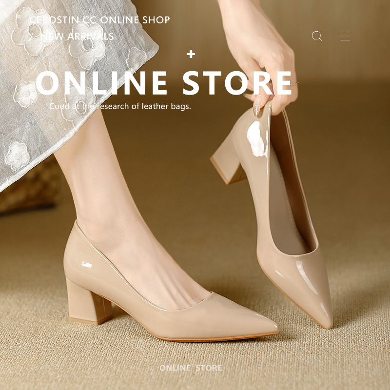 2025 Spring and Autumn New Patent Leather Nude Pointed Toe Shallow Mouth Thick Heel Single Shoes French Elegant Women Interview Work Shoes 2025 Spring and Autumn New Patent Leather Nude Pointed Toe Shallow Mouth Thick Heel Single Shoes French Elegant Women Interview Work Shoes