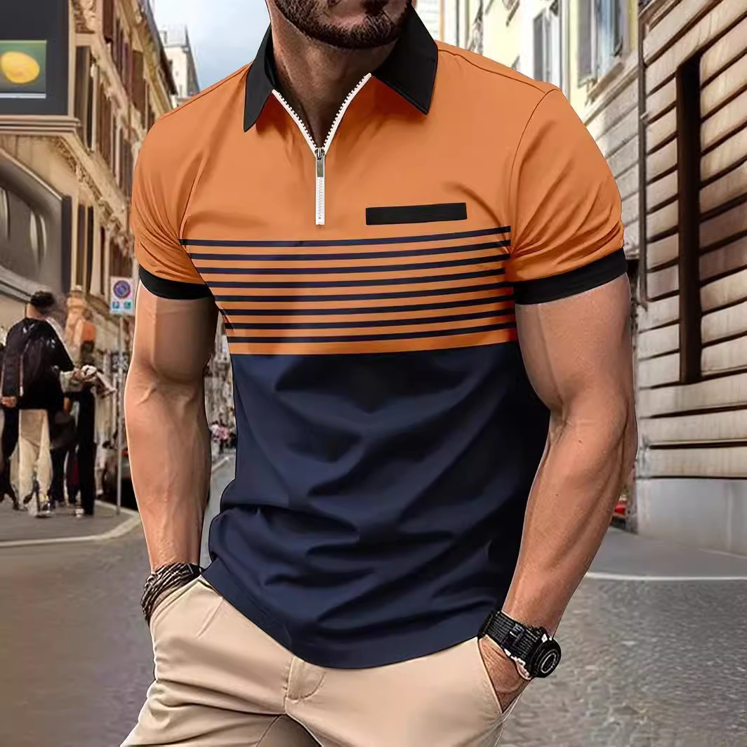 Monochrome Man- 2024 European And American New Cross-Border Striped Print Sho-Sleeve Top Men's Casual Turn-Down Collar Zipper Polo_voghion.com