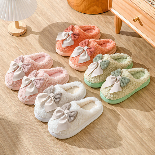 Cotton slippers for women with bows that feel like stepping on shit, autumn and winter thick-soled non-slip indoor lightweight plush warm fur support confinement shoes