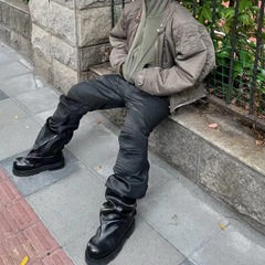 Grailz vibe 24fwマイクロラッパ機関車GRブラシワックスは黒い高街のしわのデニムのカジュアルな作業ズボンをつなぎ合わせます。