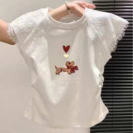 蕾丝拼接圆领短袖t恤女白色百搭通勤欧美风可爱猫咪印花休闲上衣