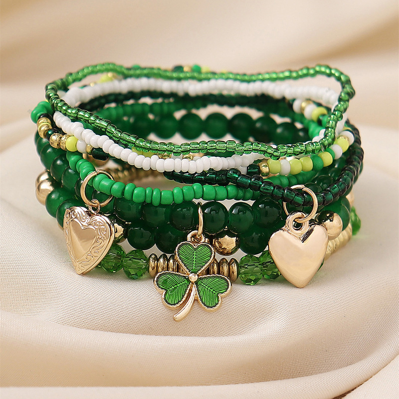 Cross-Border St. Patrick's Day Green Multi-Layered Bracelet Set Clover Openable Love Elastic Bracelet