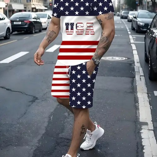 Comercio exterior europeo y americano Amazon 2025 nueva moda patrón de estrella de cinco puntas camiseta de manga corta pantalones cortos traje ME2 MA1