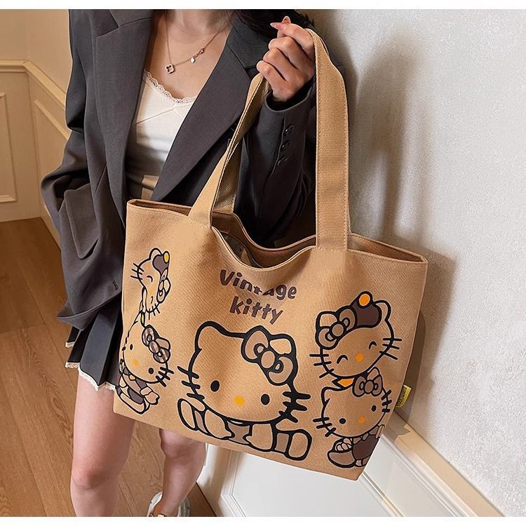 Cartoon canvas single-shoulder bag, women's large-capacity commuter tote bag, Spring/Summer 2025, cute cat tote bag, cross-border undefined