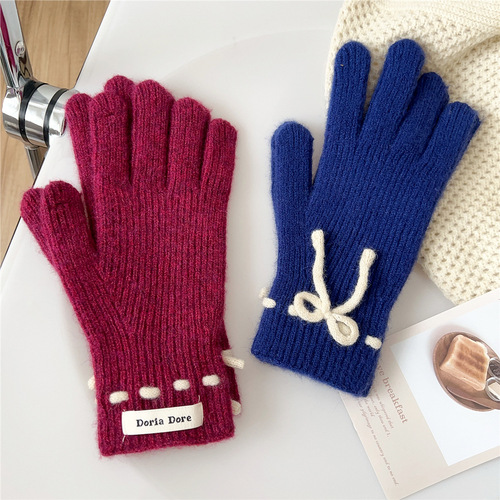 Bow autumn and winter solid color cute women's winter knitted gloves Korean style warm woolen gloves with holes for students