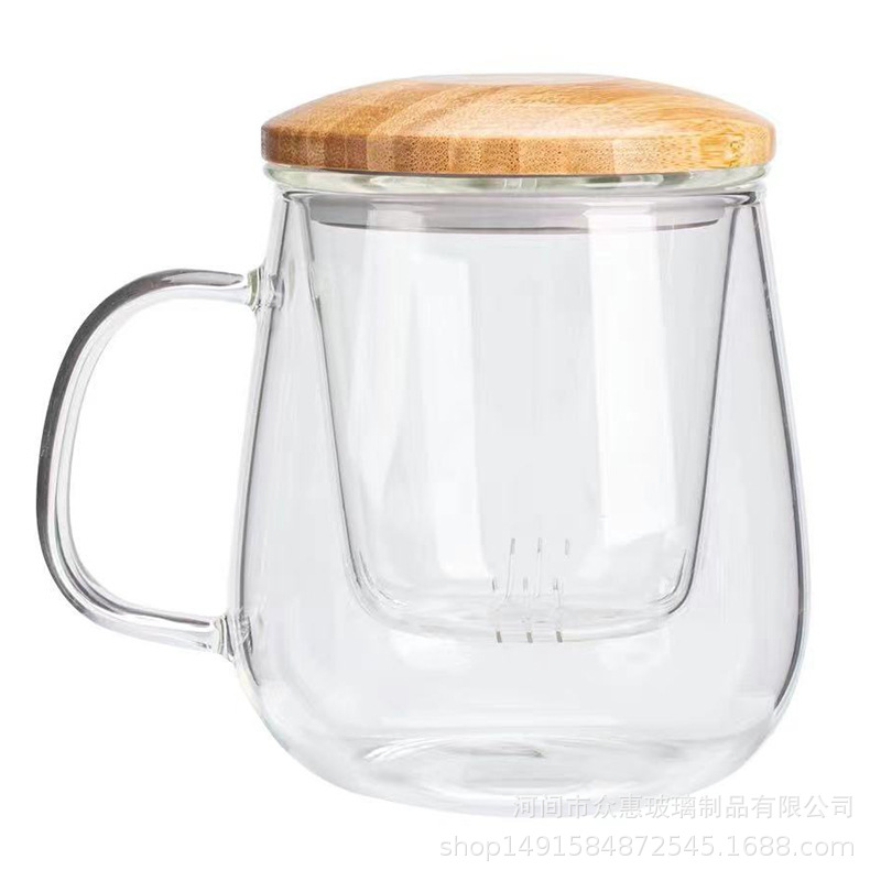 Filter Green Tea Cup with Handle, High Borosilicate Glass Tea and Water Separation Three-Piece Cup Wholesale Office Glass Tea Cup