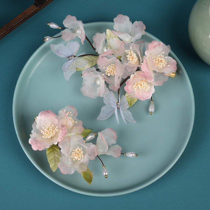 Lanshang Original Antique Original Design Handmade Pink Gauze Flower Blue Butterfly Soft Pole Hairpin Hanfu Head Lanshang Original Antique Original Design Handmade Pink Gauze Flower Blue Butterfly Soft Pole Hairpin Hanfu Head