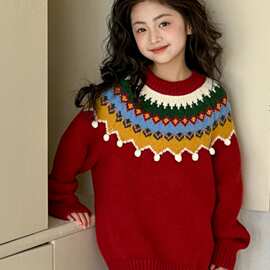 女童毛衣红色2025冬装新款撞色条纹针织衫元旦新年洋气加厚上衣潮