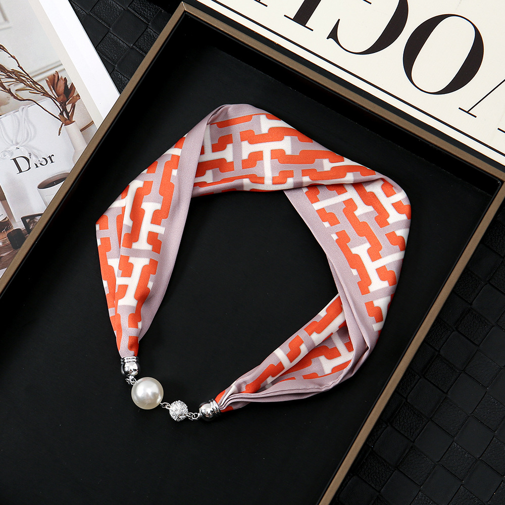 Pañuelo de seda con hebilla magnética de diamantes con incrustaciones de perlas collar mujer retro todo fósforo moda bufanda fina hebilla autocebante babero al por mayor