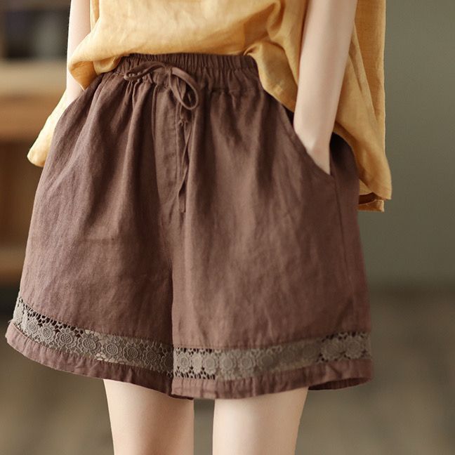 Retro Linen Wide-Leg Shorts for Women Summer Thin Elastic Waist Tie Cut Out Lace Casual Cotton and Linen Straight Pants