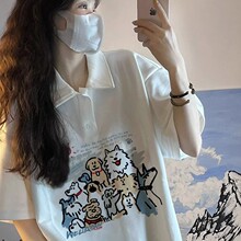白色纯棉短袖2026新款夏季女生t恤设计感小众卡通polo衫宽松上衣
