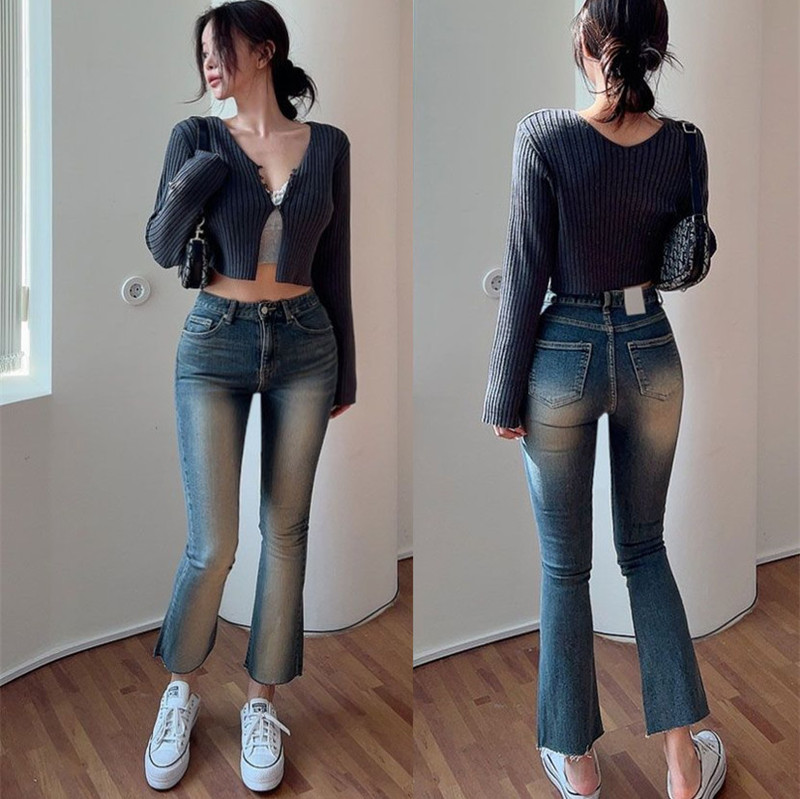 Korean Style New Comfortable High Waist Slim-Fit Slimming High Gloss Washed White Denim Ankle-length Pants Women's Jeans