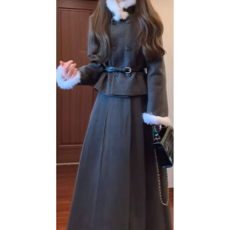 韩系气质小香风千金感毛领外套女秋冬高腰百褶半身裙套装甜美精致|undefined