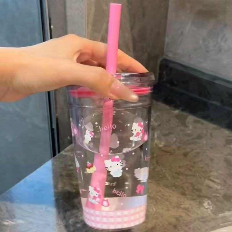 ハローキティプラスチックカップストローカップパウダー漫画かわいい透明冷水カップコーヒーカップ醸造カップ|undefined
