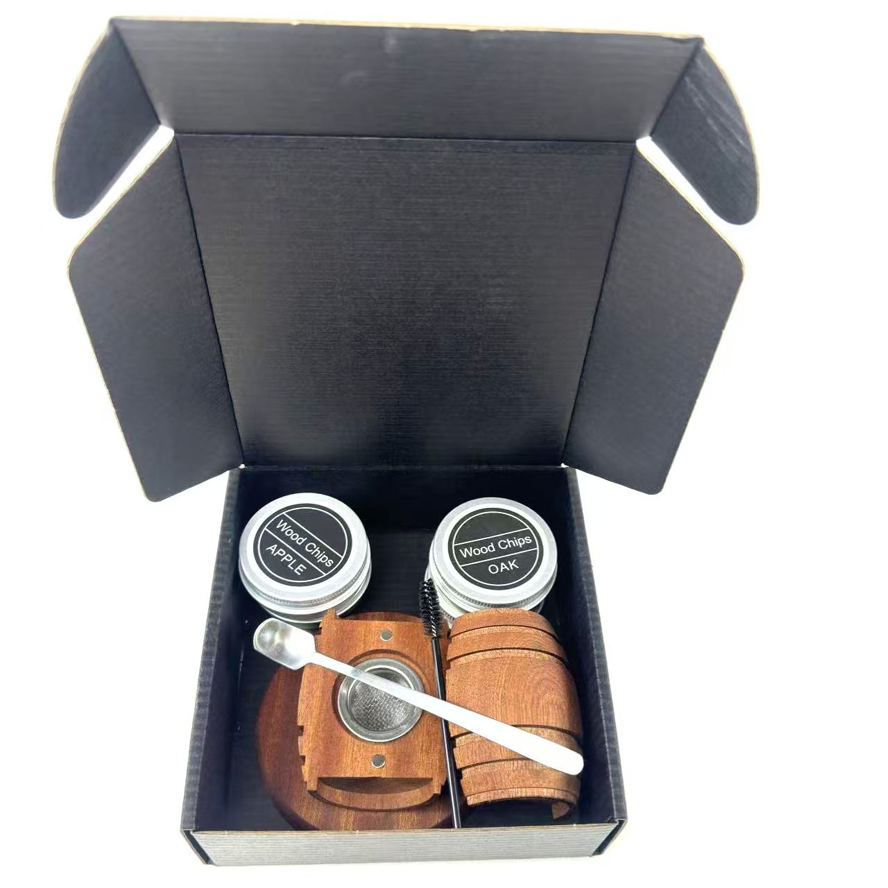 New wooden whiskey smoker barrel set with fruit-flavored wood chips, cocktail smoker, bar gift