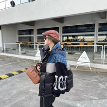 欧货拼接撞色羽绒服女韩版新款宽松短款针织毛线袖红色立领连帽