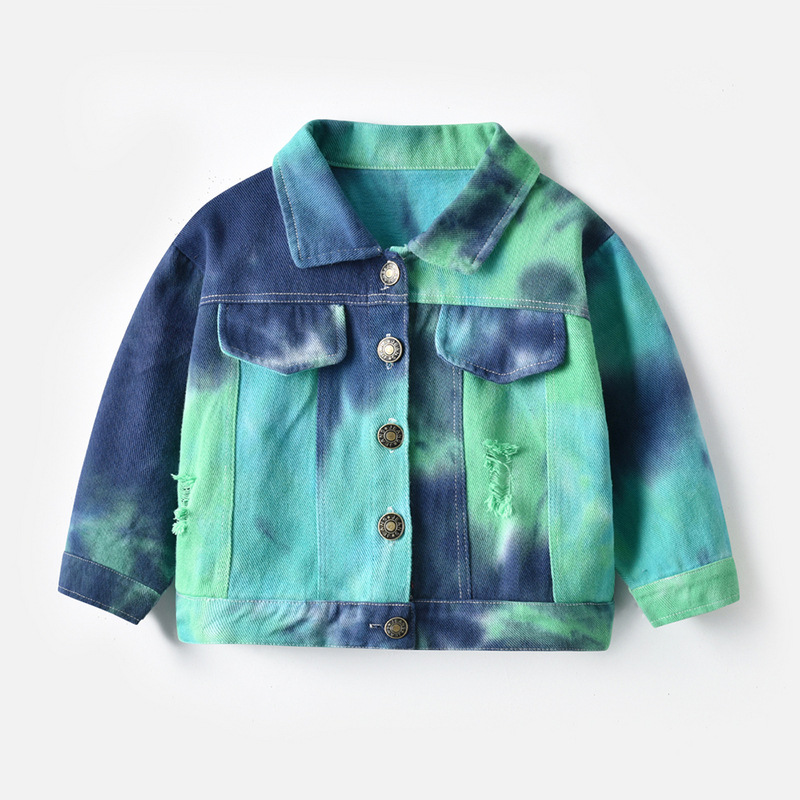 Pantalones largos, tops para niños, solapa, botonadura simple, manga larga, chaqueta de mezclilla teñida anudada, comercio exterior, camisa casual de todo fósforo