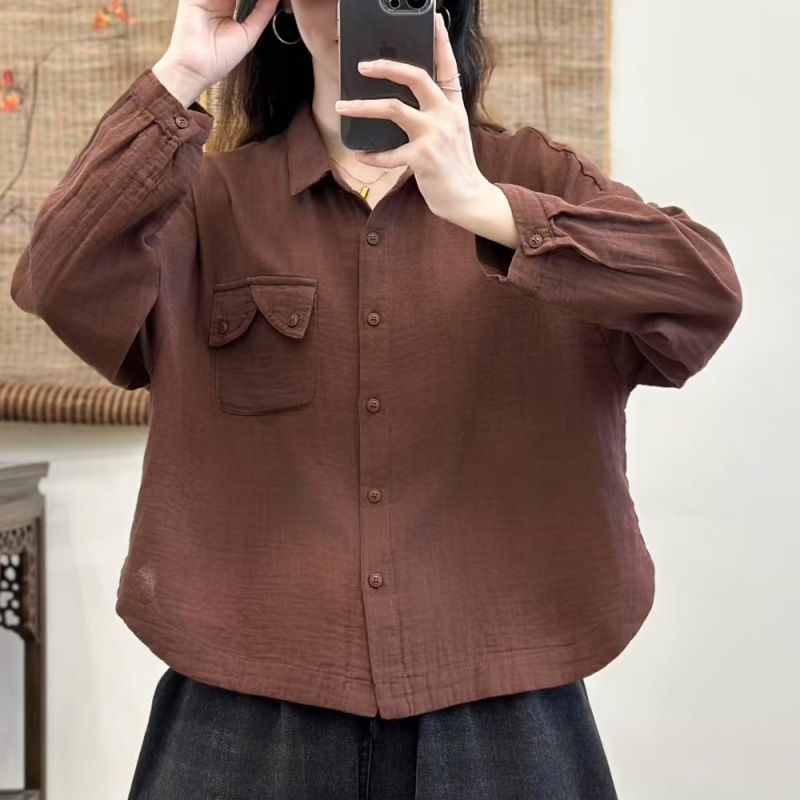 日韩双层棉纱纯色衬衫宽松文艺翻领衬衣开衫休闲百搭上衣女装|undefined