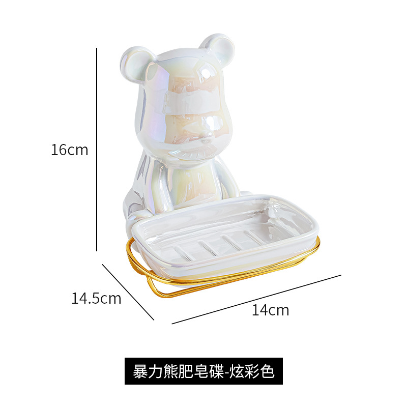 Luz nórdica de lujo ins Oso de cerámica caja de jabón titular de plato de jabón caja de jabón de almacenamiento montado en la pared del baño del hogar