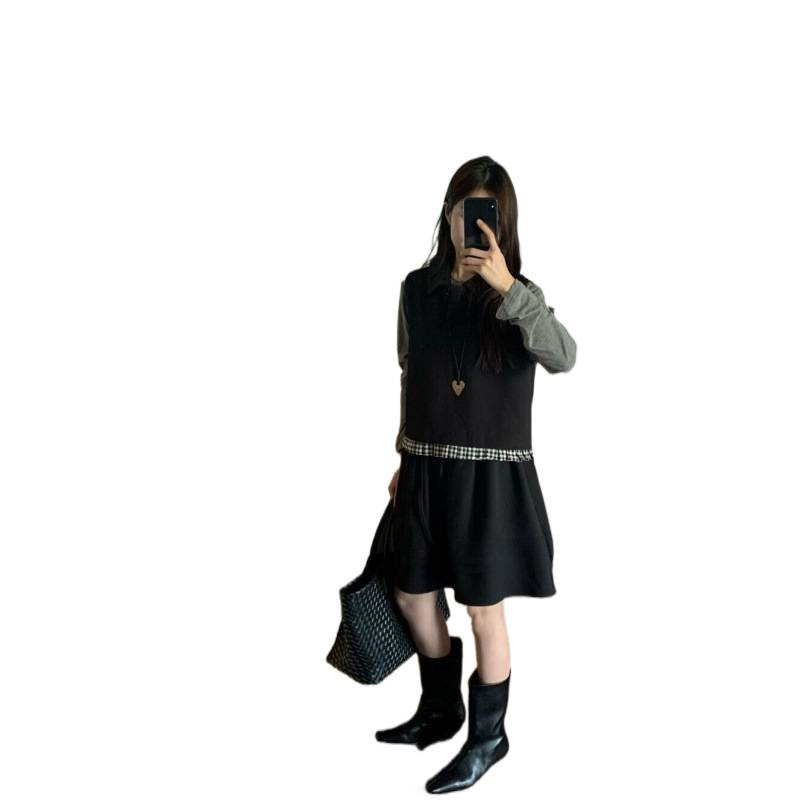 现货～韩系2025秋季学院风娃娃领马甲+花边半身裙套装|undefined