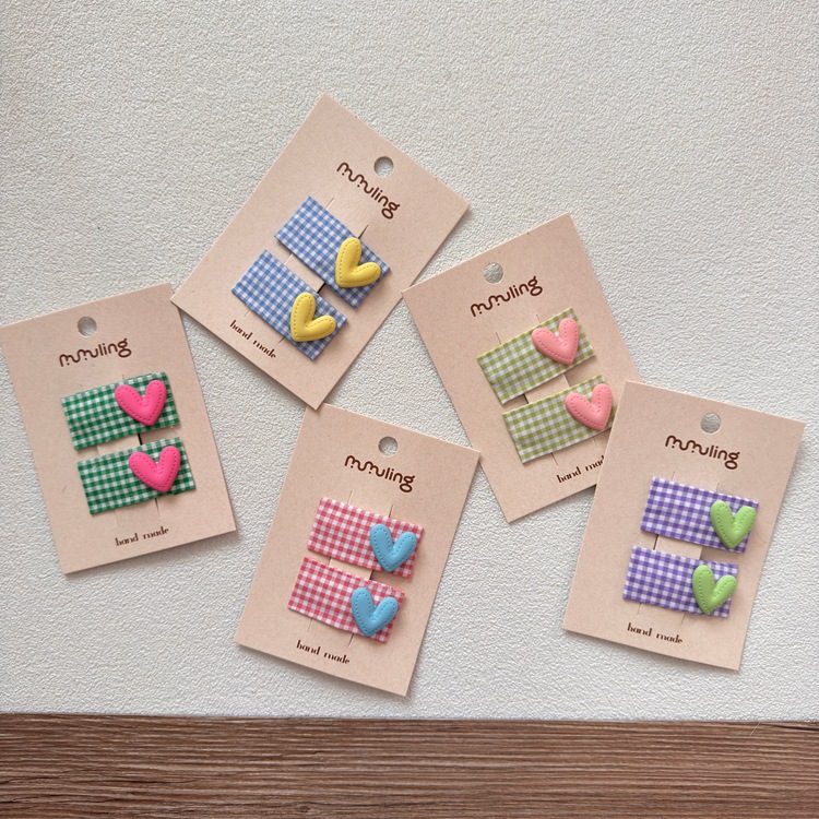 Korean Style Square Plaid Hairpin Kidsren's Colorfulful Heart Edge...