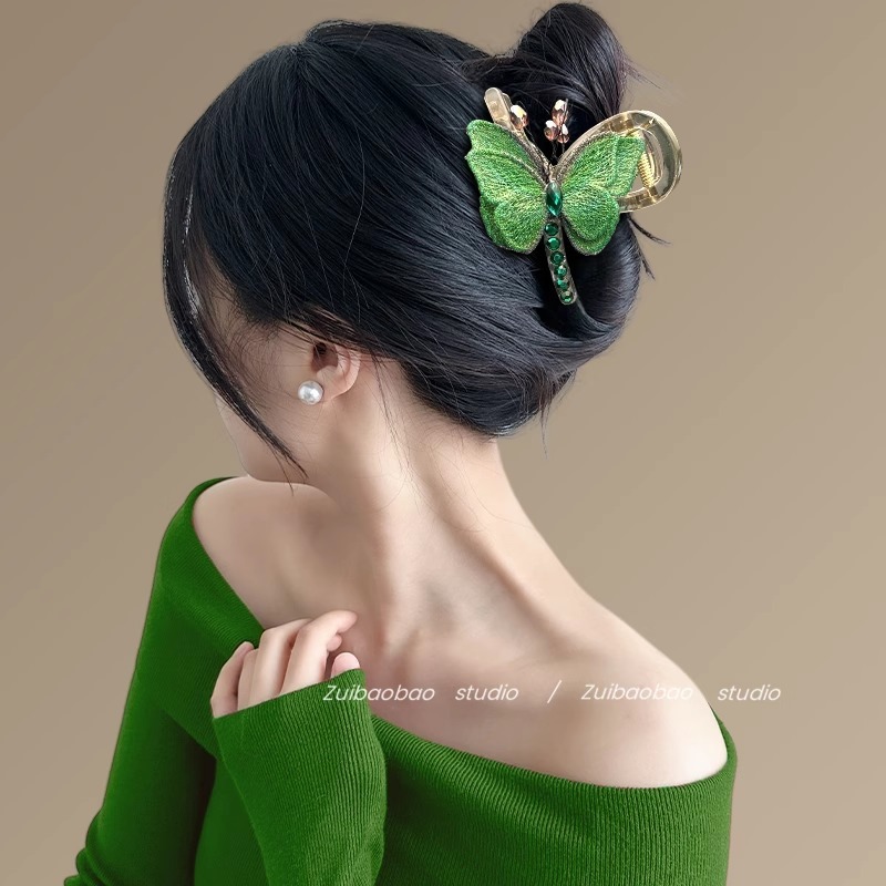 春の蝶の気質レトロスタイル刺繍蝶クリップ後頭部半分結びシャーククリップヘアアクセサリー旅行ヘアピン|undefined