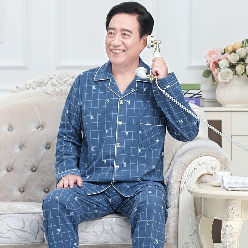 Pijamas de mediana edad y ancianos hombres 100% algodón primavera y otoño manga larga otoño e invierno más tamaño viejo papá traje de uso doméstico