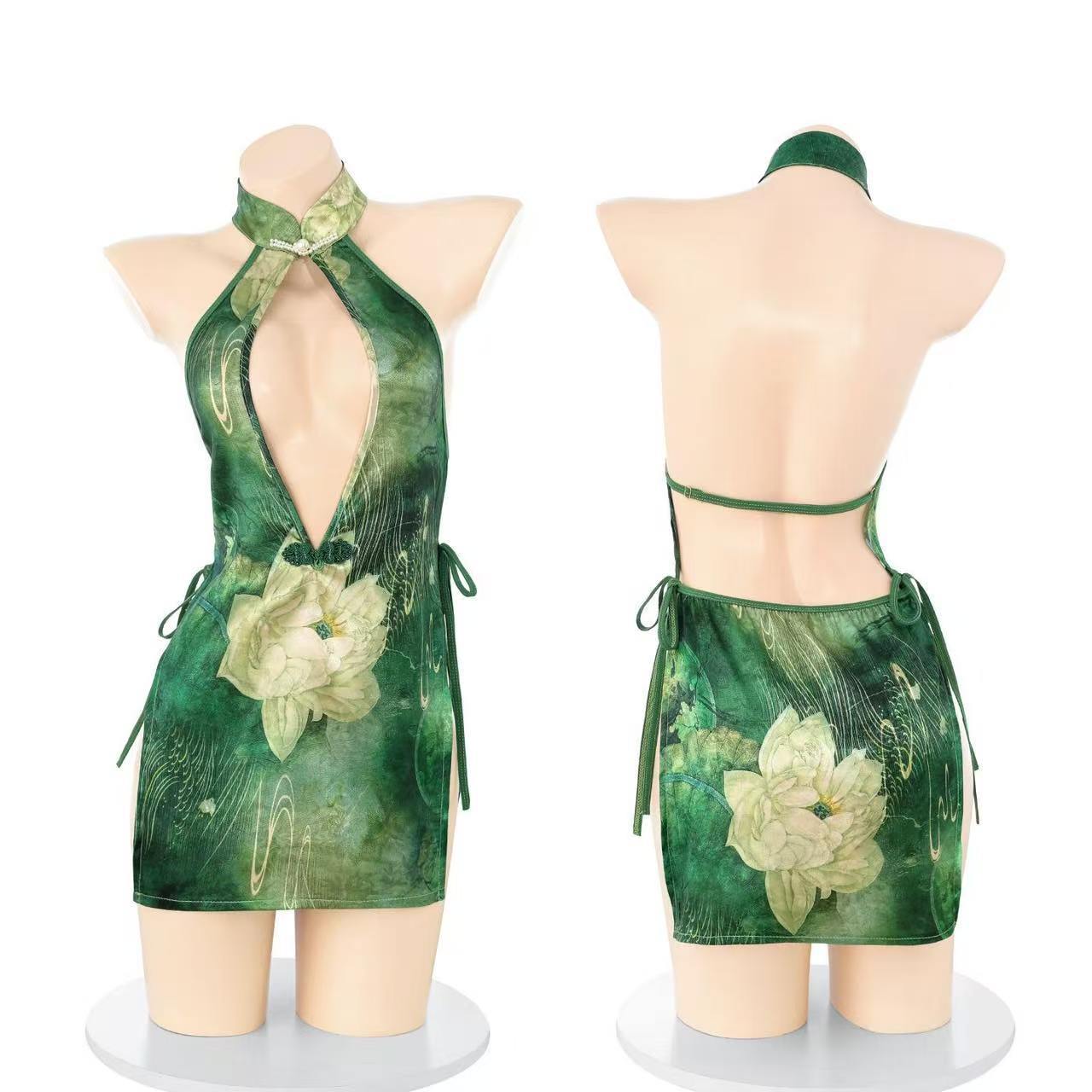 Halter-Neck Cheongsam Lingerie Set with Sheer Slit Design and Thong — detail image 6