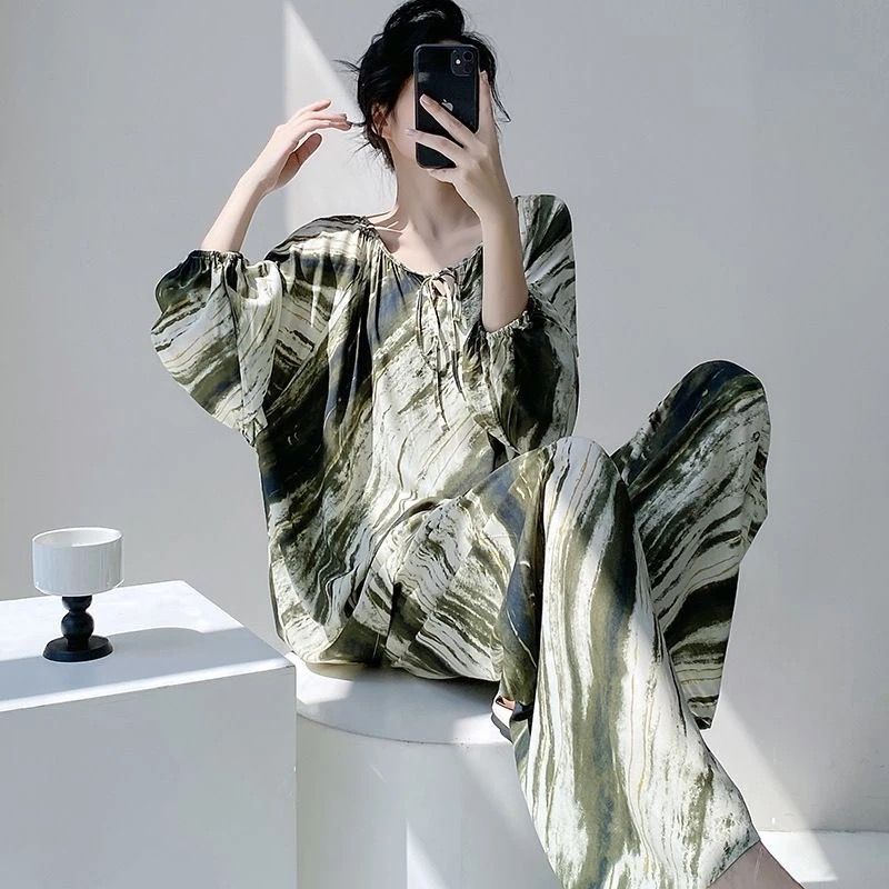 棉绸睡衣家居服慵懒国风睡衣女夏季圆领空调服百搭|undefined