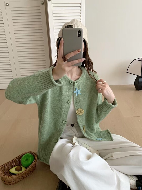 韩系软糯重工纽扣开衫针织衫2025新款秋冬宽松慵懒风毛衣女外套潮|undefined