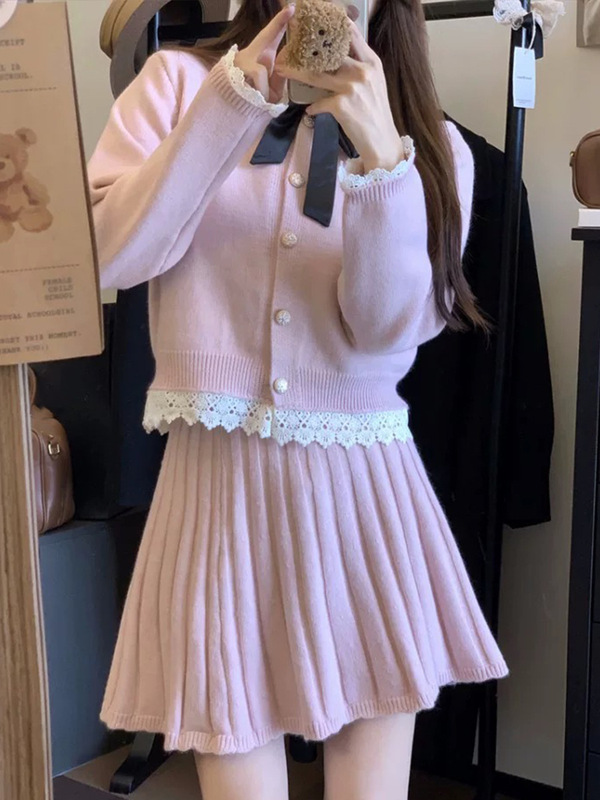 法式小香风毛衣裙套装女2025秋冬新款针织开衫百褶半身短裙两件套|undefined