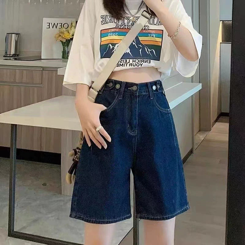 Темно-синие джинсовые шорты для женщин, новый летний стиль, миниатюрные, свободные, модные, с высокой талией, утягивающие, шорты с эластичной резинкой на талии.