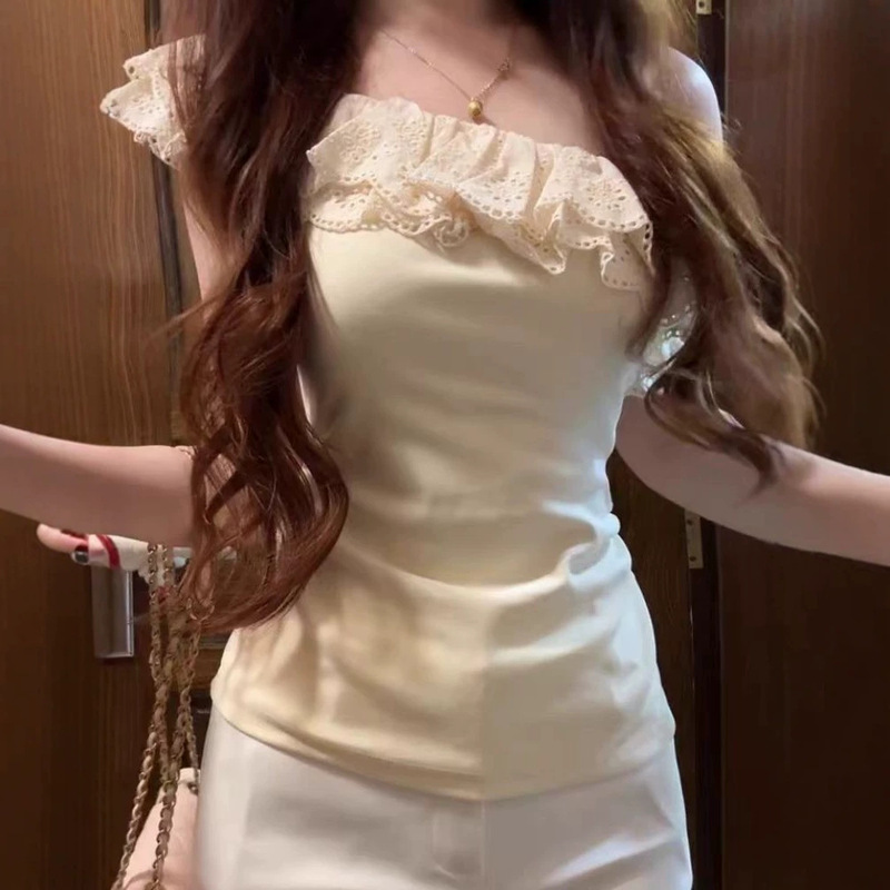 Jianmanni French-Style Lace Ruffle Asymmetrical Neckline Off-Shoulder T-Shirt for Women, Pure and Sexy, Slim Fit, Versatile Top for Summer Jianmanni French-Style Lace Ruffle Asymmetrical Neckline Off-Shoulder T-Shirt for Women, Pure and Sexy, Slim Fit, Versatile Top for Summer