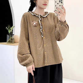 日系森系花边圆领加绒加厚格子衬衫女秋冬新款宽松百搭减龄上衣女