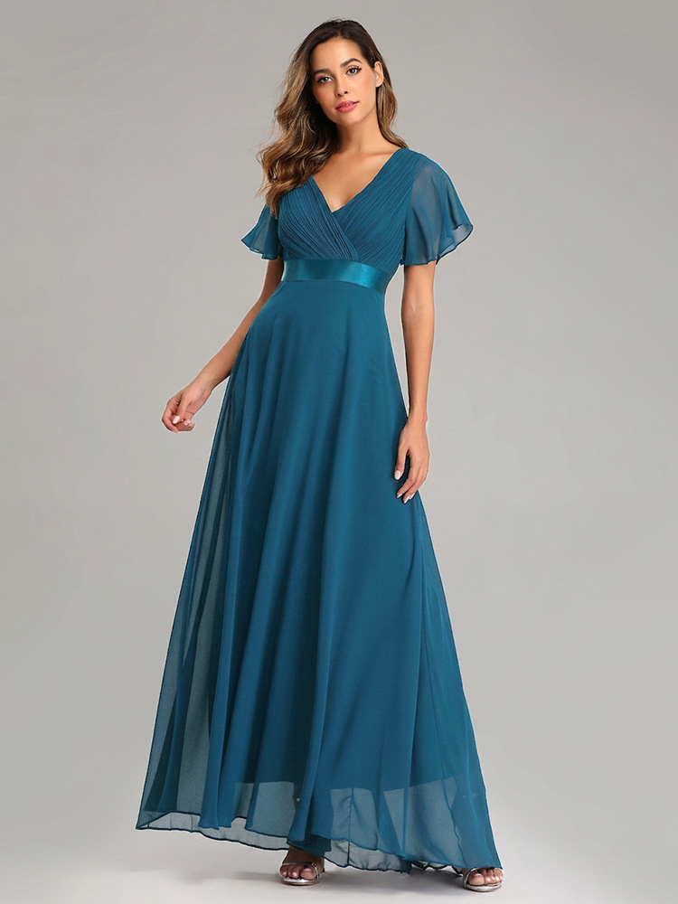 Vestido de Noche de Gasa Elástica con Pliegues, Doble Cuello en V, Manga Acampanada y Dobladillo Grande, Hecho a Mano, Tallas Grandes, para Banquete o Dama de Honor, Colección Primavera/Verano 26 image 3