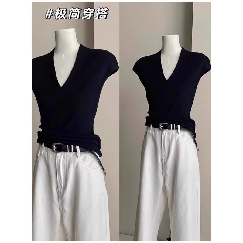 フレンチスモールフライングスリーブVネックニット半袖Tシャツレディース夏気質スリムショルダー薄いアイスシルクベストトップ|undefined