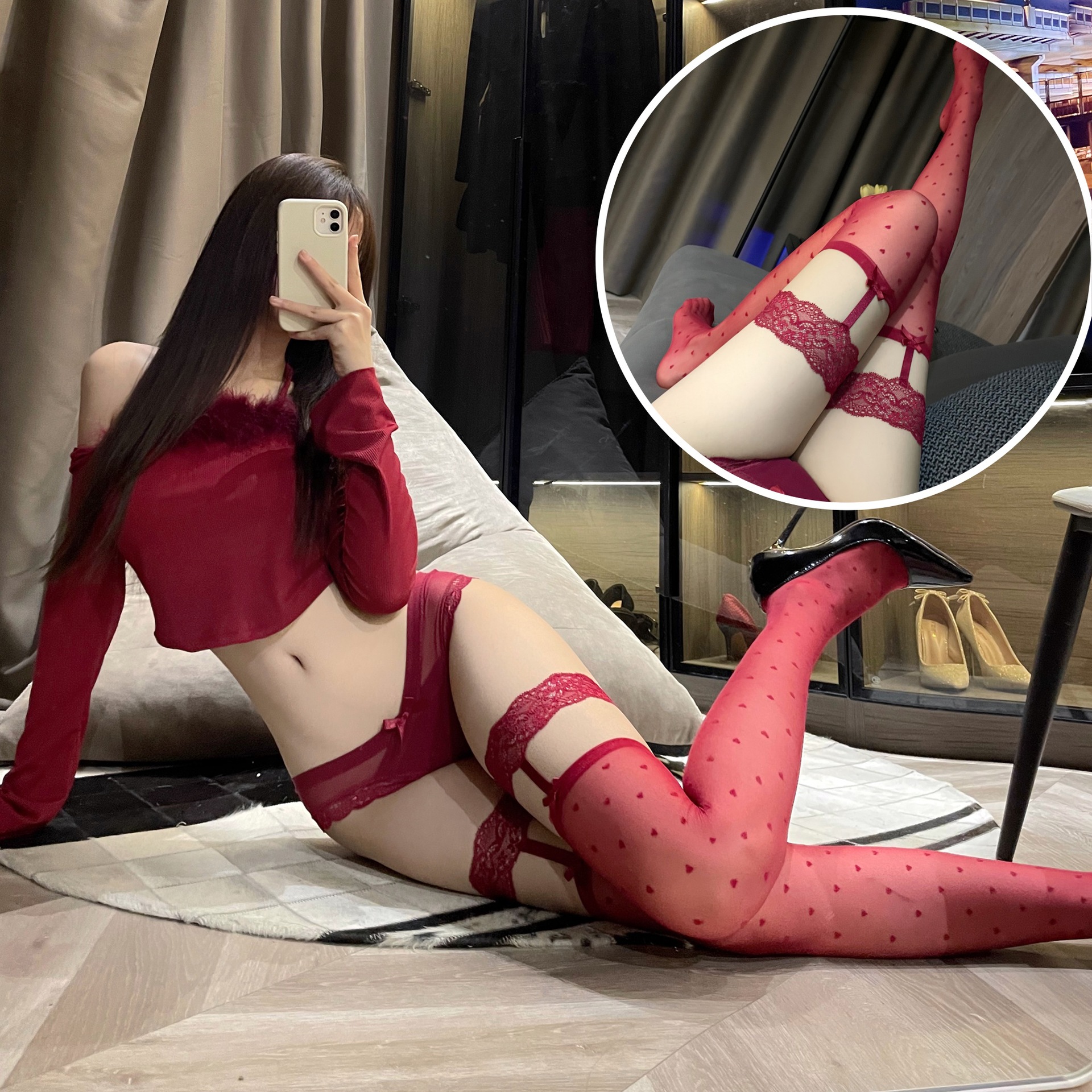 Sweet Hair, Legs, Love Socks* Red Suspender Stockings, Feminine White Silk Pure Desire Heart Lace Over-The-Knee High Stockings