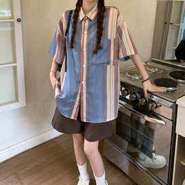 跨境复古休闲设计感条纹衬衫短袖女2023夏季新款宽松时尚翻领上衣