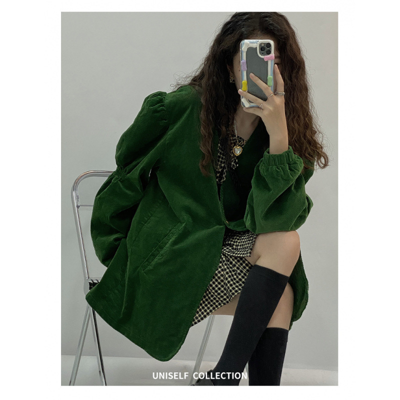 Retro Green Corduroy Windbreaker Jacket for Women Spring & Fall New Casual Versatile High-End Mid-Length Suit Top
