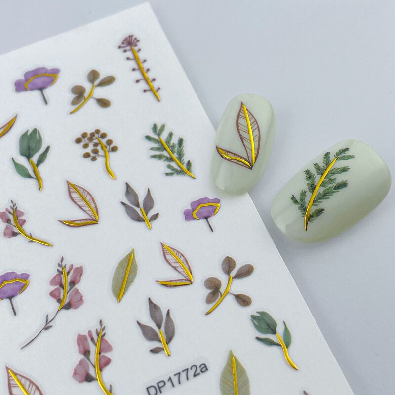 Spring Summer 3D Nail Art Sticker Bronzing Gradient Flower Rose Grass Nail Art Decorative Sticker Nail Decal