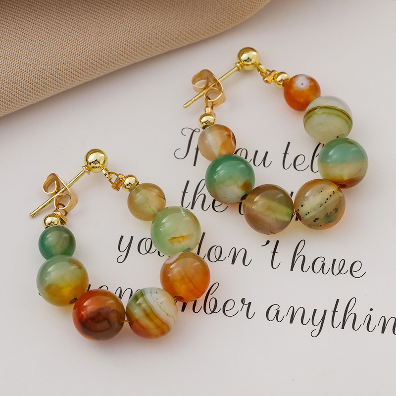 Retro colorful natural stone beaded earrings 2023 new Chinese style light luxury simple high-grade temperament earrings earrings