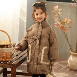 女童2023年冬季立领中长款韩版洋气中大童90白鸭绒爱心刺绣羽绒服