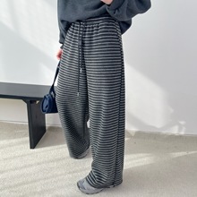 韩版复古条纹直筒裤女弹力2025秋冬慵懒风松紧腰高腰显瘦阔腿拖女